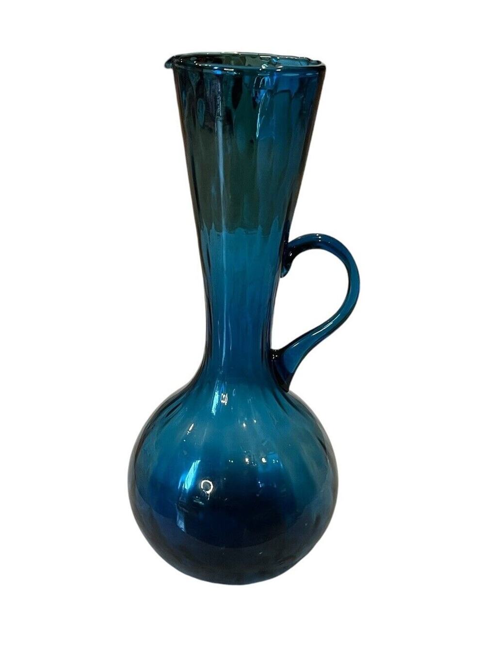 MCM Vintage Empoli Italian Glass 11” Peacock Blue Bulbous Pitcher Vase 1960s